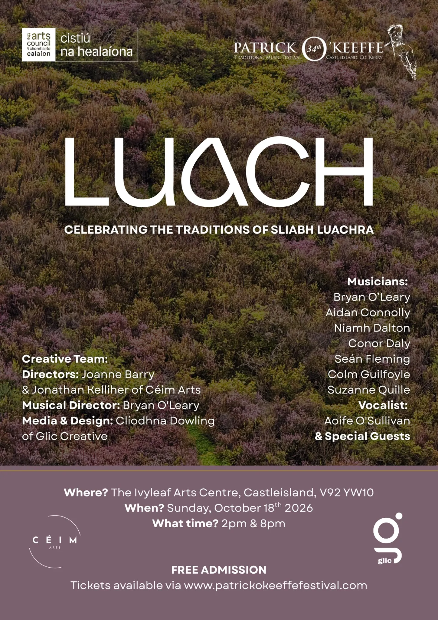 Luach promotional poster: Celebrating the Traditions of Sliabh Luachra. Sunday 18 October 2026, 2pm and 8pm, Ivy Leaf Arts Centre, Castleisland. Free admission.
